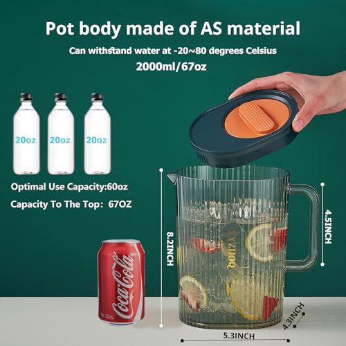 YYZIIOQ 60oz/1.8 Litre Plastic Pitcher with Lid,Clear Hot/Cold Carafes,Fridge Water Pitcher Jug for Lemonade,Juice Beverage Jar, Ice Tea Kettle, BPA-Free,Shatter-Proof (Green) by YYZIIOQ - Image 2