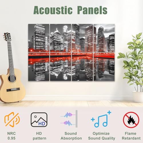 8 Pack Paneles Acústicos Decorativos Absorbentes de Sonido Vista Nocturna de Chicago Skyline en Negro y Rojo 48"x32" miniatura 3
