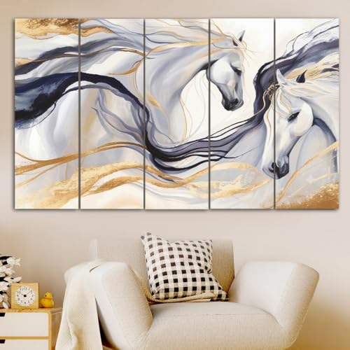 Image of Spacter 7 Horses Wall Painting for Living Room Big Size - 7 Running Horses Painting Vastu for Bedroom, Office, Hotel - Wall Decor Digital Painting Wooden Framed for Gifting (30x60inch)