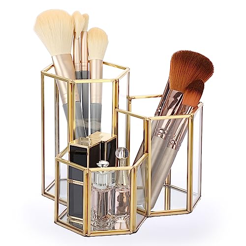 Tolida 3 Compartment Hexagon Storage Holder - Gold Edge Glass Pen Cup Holder Desktop Make Up Brush Organizer, Clear Glass Storage Display Holder