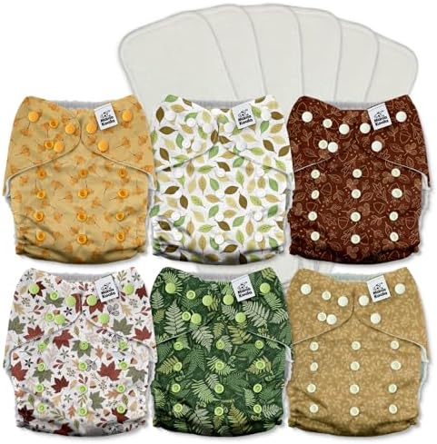 Mama Koala 3.0 Pocket Cloth Diapers for Babies with AWJ Lining, 6 Pack with 6 5-Layer Natural Cloth Diaper Inserts - Reusable and Washable Pocket Diapers(A-Falling Leaves)
