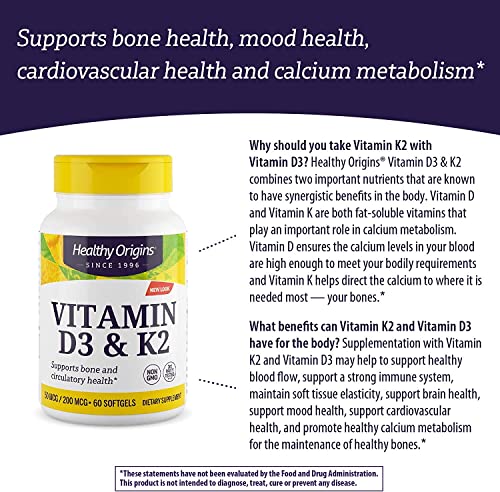 Healthy Origins Vitamin D3 & K2 - Vitamin D3, 50 Mcg - Vitamin K2, 200 Mcg - Easily Absorbable Vitamin D & Vitamin K Supplements - Non-Gmo & Gluten-Free Supplements - 180 Softgels #TOP4