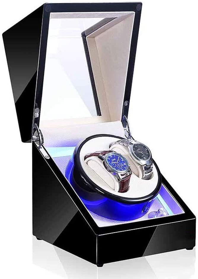 OUZVI Wooden Double Automatic Watch Winder, LED Storage Watches Boxes 5 Rotation Modes Display Case Box (A)