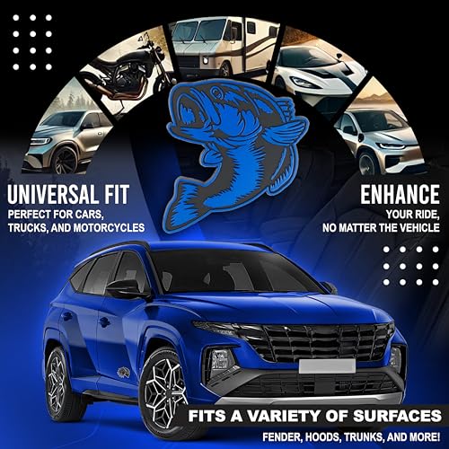 Image of Bass Emblem 3D Fish Badge - Custom Car Sticker for Car, Truck, SUV, Trunk, Hood, Fender - Set of 2 (Blue)