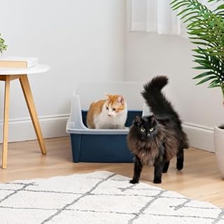 IRIS USA XX-Large Open Top Cat Litter Box with High Sided Walls Tall Scatter Shield Scoop Included Easy Clean Plastic Pan for Big Cats Kittens Multi-Cat Households 30"L x 20"W x 14"H Navy
