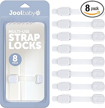 Jool Baby Child Safety Strap Locks 8 Pack Baby Proof Cabinets, Drawers, Fridge, Toilet & Trash Cans 3M Adhesive Childproof Locks