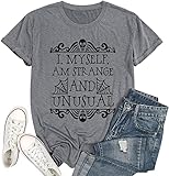 I Myself Am Strange and Unusual Tshirt Women Novelty Funny Letter Print Halloween Shirt Horror Movie Graphic Tees (XL, Gray)