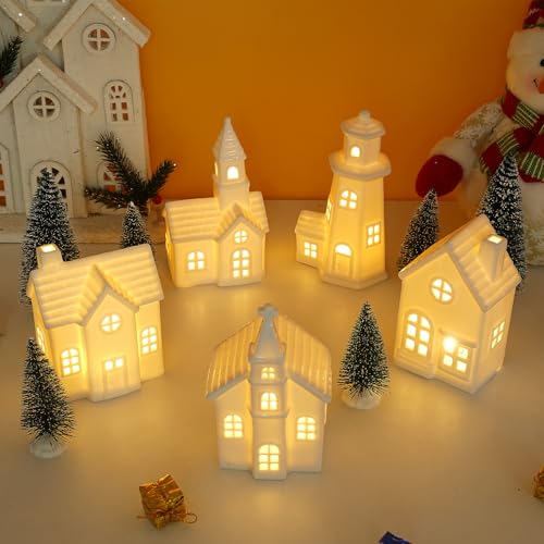 Luxstyra 11 Pcs White Ceramic Christmas Village Houses, Light Up