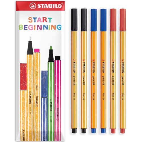 STABILO point 88 Fineliner Pen - 0.4mm Fine Line Width - Pack of 6 Pens (Black, Blue, Red)