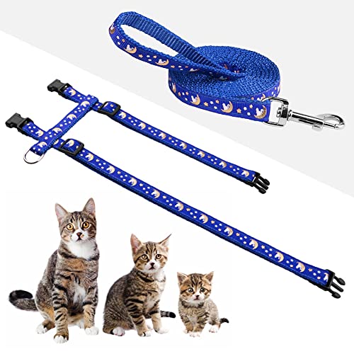 Cat Harness And Leash Set Gold Moons Soft Nylon Escape Proof Adjustable For Kittens Small Animals Glow In The Dark(Blue) #TOP2