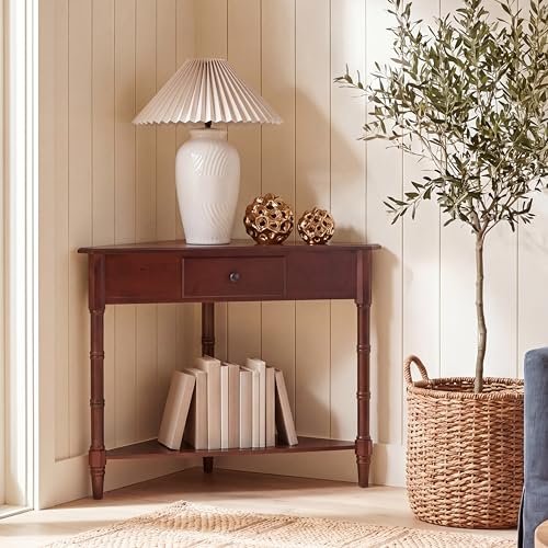 Image of SAFAVIEH Furniture - Gomez 1-Drawer Corner Table - Dark Cherry - Solid Wood - Classic Corner Storage Design - Ideal for Entryway, Living Room, Home Office, 33.1 inchW x 17.3 inchD x 28 inchH (AMH5709D)