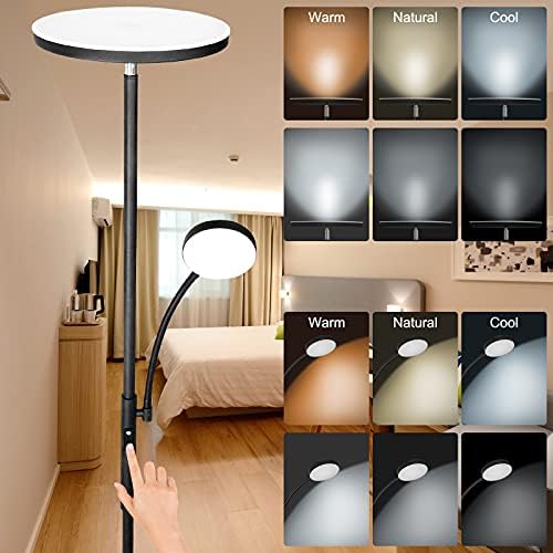 Floor Lamp,Totofac Sky LED Modern Torchiere 3 Color Temperatures Super Bright Floor Lamps,27W Main Light and 7W Side Reading Lamp for Living Room, Bedroom, Work with Remote Control & Touch Control