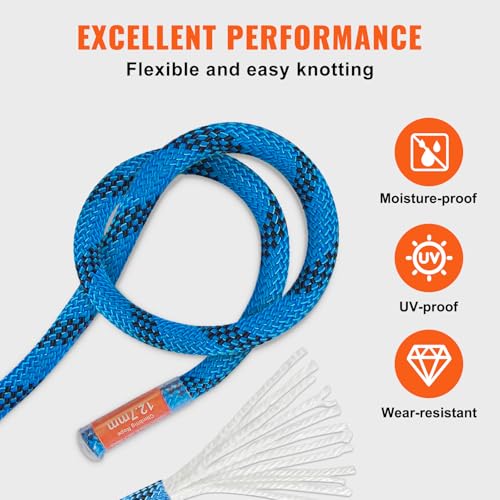 VEVOR statisches Kletterseil 12,7 mm, 45,7 m Outdoor-Kletterseil aus Polyester, 32 kN Bruchfestigkeit, Faserseil Mehrzweckseil für Flucht, Abseilen, Brandrettung, Blau