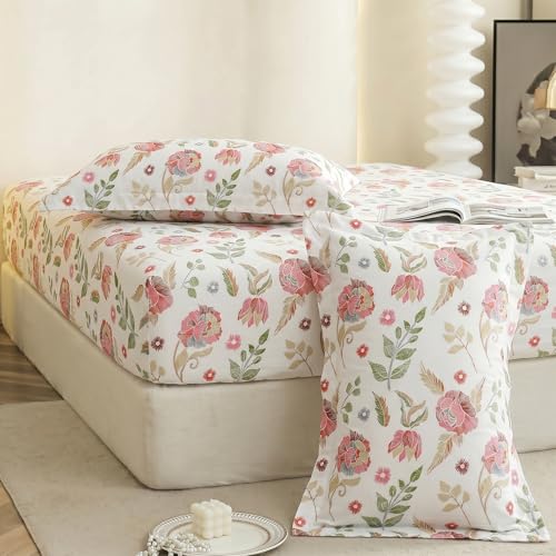 Image of IVAZA Ezyption Cotton Super Soft 240 TC Elastic Fitted All Around Elastic Printed King Size Double Bed Bedsheet with 2 Pillow Cover 72 inch X 78 inch3 White Green