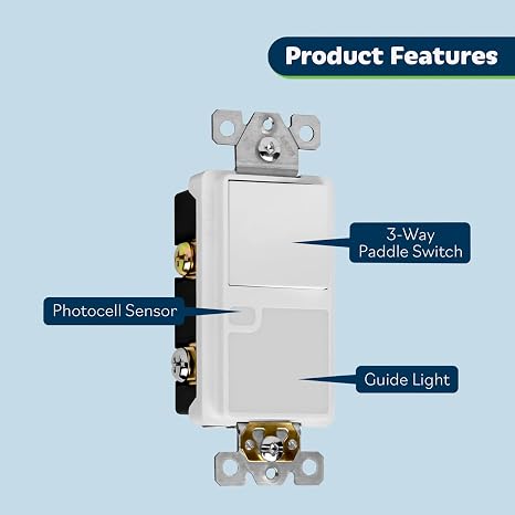 TOPGREENER LED Guide Light Paddle Switch with Auto Daylight Sensor, White