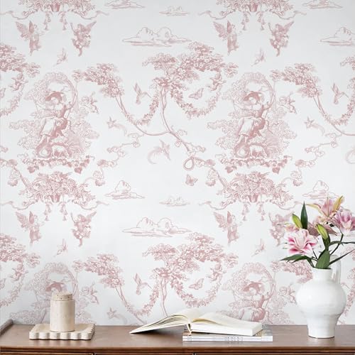 CiCiwind Peel and Stick Wallpaper Pink and White Wallpaper Vintage Toile Wall Paper for Bathroom Bedroom Living Room French Self Adhesive Removable Contact Paper for Cabinets 17.3'×78.7' Vinyl Rolls