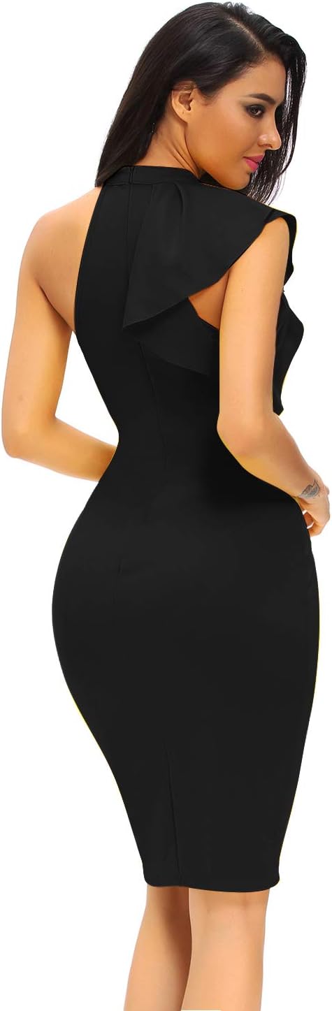 Women's Fashion Ruffle One Shoulder Sleeveless Midi Bodycon Cocktail Party Dress - Image 2