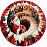 Christmas 3D Optical Illusion Round Rug, Spiral Staircase Visual Floor Mat | 3D Spiral Staircase Optical Illusion Holiday Area Graphic Rug with Santa Claus, Non-Slip Washable Christmas Decor Doormat