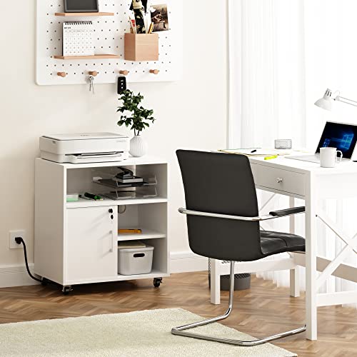 Choochoo Lateral File Cabinet With Charging Station, Rolling Filing Cabinet With Lock, Wood Lockable Printer Stand With Storage, Mobile Home Office Storage Cabinet For A4/Letter/Legal Size, White #TOP3