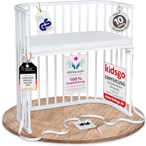 babybay Boxspring Beistellbett aus massivem Buchenholz mit Matratze Classic Soft I Kinderbett Höhe stufenlos verstellbar & umweltfreundlich I mitwachsendes Babybett, weiß lackiert