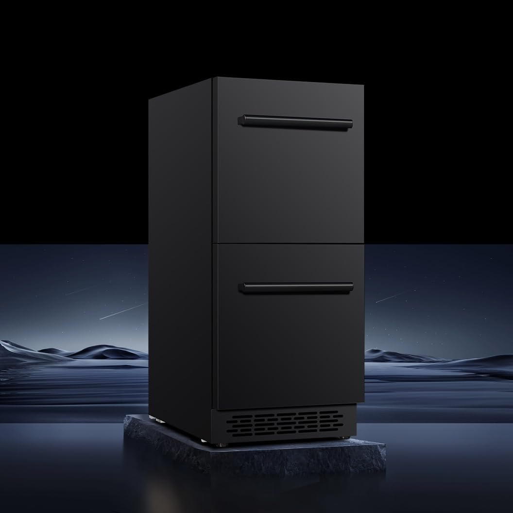 15 inch Double Drawer Drawer Refrigerator Under Counter Beverage Refrigerator, Indoor & Outdoor Fridge for Patio, Kitchen & Bar, Weatherproof, Black