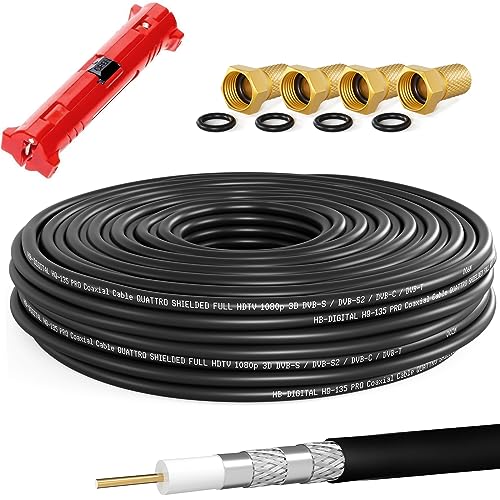 HB-DIGITAL 15m de Cable coaxial Sat HQ-135dB Pro Incl. Pelacables + 4 Clavijas F Doradas | Cable de Antena satelital 4 Veces apantallado | para Sistemas de Radio DVB-S/S2 DVB-C/C2 DVB-T/T2 Dab+ BK