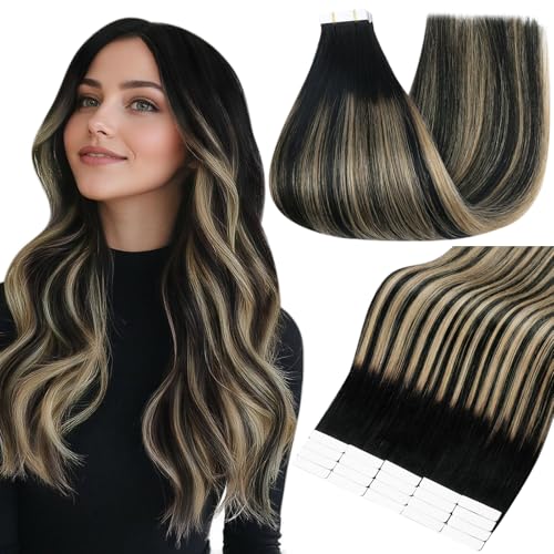Image of Full Shine Tape Ins Human Hair Extensions, Off Black Honey Blonde 18 Inch | 50g 20PCS, Invisible Brazilian Hair Extensions Tape in, Straight Ombre Seamless Natural Finish Thick End Party Styling