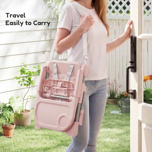 Image of Baby High Chair Booster Seat: Portable Booster Seat for Kitchen s Dining Chair Foldable Highchair - Travel Size Tool-Free Setup Adjustable Tray (Pink)