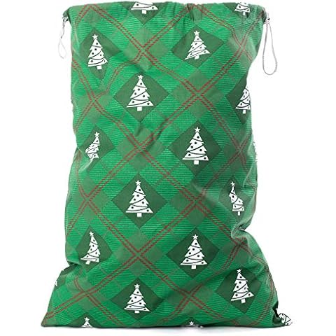Pudgy Pedro's Party Supplies - Christmas Canvas Gift Bags - XX-Large 33" x 23.75" Green Xmas Tree Argyle - Drawstring Jumbo Present Stocking - 1 ct Cover
