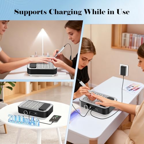 Lime à ongles électrique 4 en 1 avec aspirateur, lampe LED et batterie externe, 45 000 tr/min, soin des ongles professionnel pour la maison et le salon (noir) – vue 6