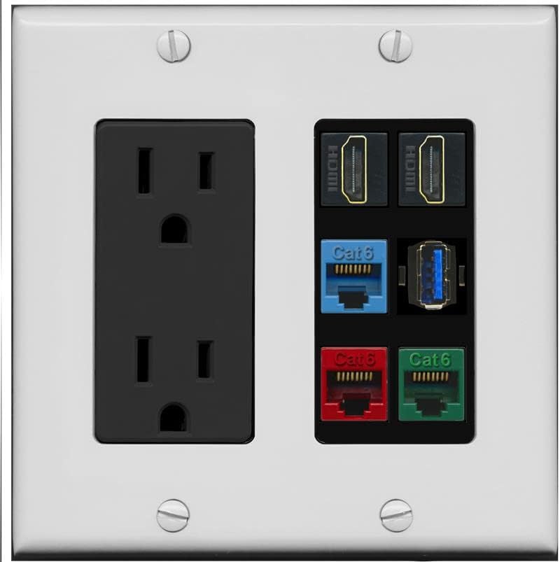 RiteAV 2 HDMI 3 Cat6 Ethernet USB3 Mixed Color Wall Plate - Outlet [Black/Black]