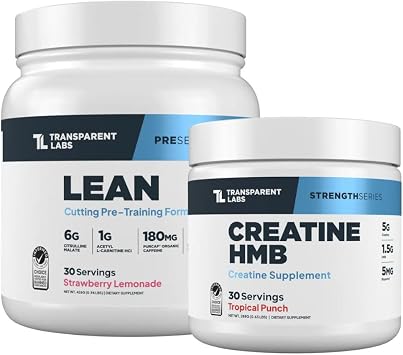 Transparent Labs Lean Pre-Workout 30 Servings, Strawberry Lemonade & Creatine HMB 30 Servings, Tropical Punch