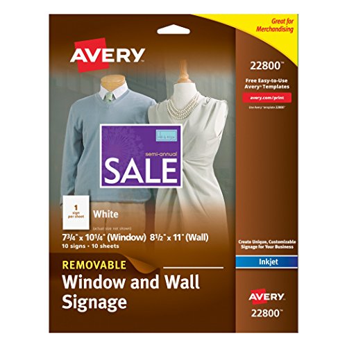Avery Removable Window and Wall Signage, Inkjet, 8.5 x 11-Inches, White, Pack of 10 (22800)