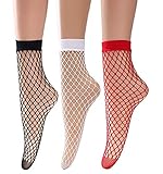 Woman Girl Fishnet Ankle Socks Sheer Sexy Stocking Mesh Candy Casual Red White Black Combo Set