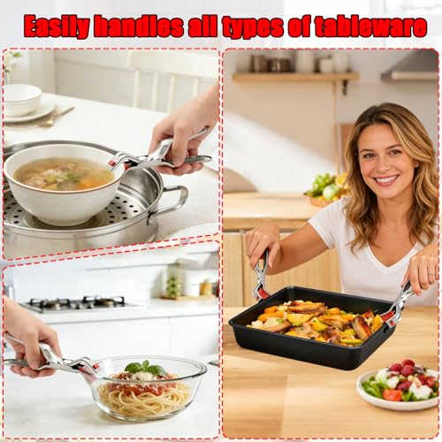Udihch 1Pcs Stainless Steel Hot Plate Gripper Tongs, Anti Scald Bowl Holder Clip Tool, Silicone Anti-Slip Heat Insulation Pplate Gripper, for Microwave, Pizza Pan, Toaster, Air Fryer, Oven