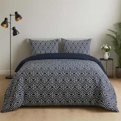 Lions Duvet Cover Set Double Bed Size - 100% Polyester Reversible Printed Pattern Quilt Bedding Set with Pillowcase, Soft Geometric Pattern, Navy Blue, 200x200cm
