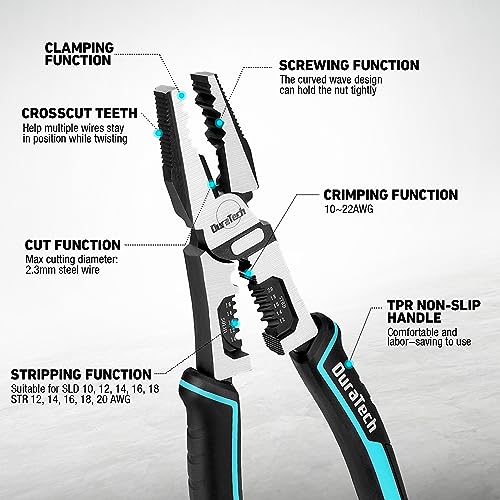 DURATECH 6-in-1 Linesman Pliers, 8.5" Multipurpose Combination Pliers with Wire Stripper/Crimper/Cutter Function, Heavy Duty Side-Cutting Pliers for Crimping, Stripping, Shearing, Screwing - Image 3