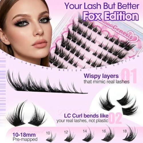 Lash Clusters Fox Eye CC-Curly Pre-Glued Self Adhesive Wispy Spiky Cluster Eyelash Extensions 10-18mm Natural Fluffy Individual Lashes 100pcs 10 Pairs Press on Lashes — view 4