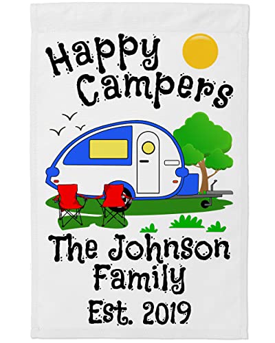 Happy Camper World Happy Campers Personalized Teardrop Trailer Camping Flag with 3 Lines of Custom Text, Blue Camper on White Fabric