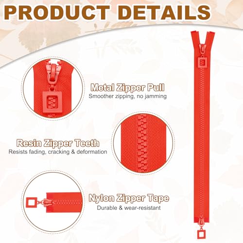 Fermeture éclair robuste #8 de 80 cm en résine rouge pour veste - 3