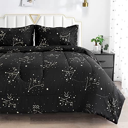 ZHH E-COMMERCE Queen Comforter Set, 3 pc Zodiac Pattern Ultra Soft Microfiber Constellation Bedding Set for All Seasons, Lightweight Comforter 88x88 in with 2 Pillow Shams 20x30 in, Machine Washable