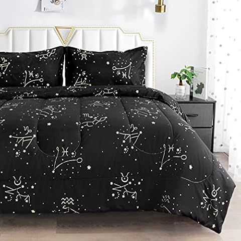 ZHH Zodiac Duvet Constellation Comforter Set Space Galaxy Theme Bedding 3Pcs Super Soft Black Quilt for Bedroom Decor (Queen Size-1 Comforter+ 2 Pillowcases) Cover