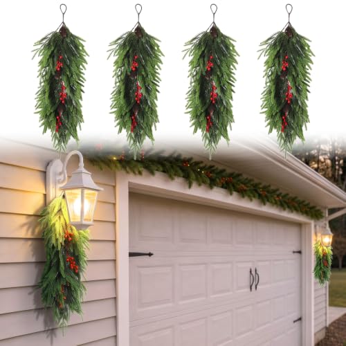 RECUTMS Artificial Christmas Teardrop Swag, 4 Packs Faux Norfolk Wreath