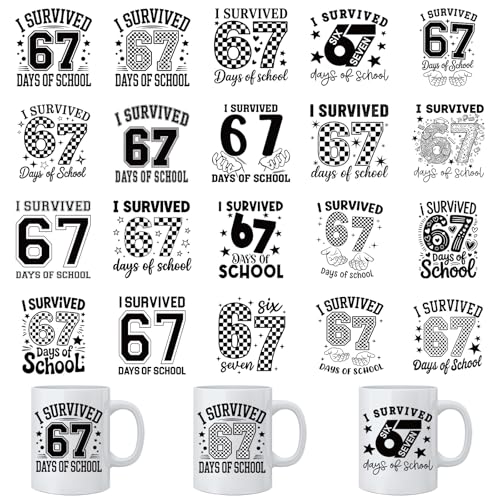 AFRITEE UV DTF Cup Wraps - 20 Sheets I Survived 67 Days of School Funny UV DTF Sticker for 16 oz Glass, Fun Waterproof Transfer Sticker Decals for DIY Water Bottle Guitar Laptop Tumbler Decorations