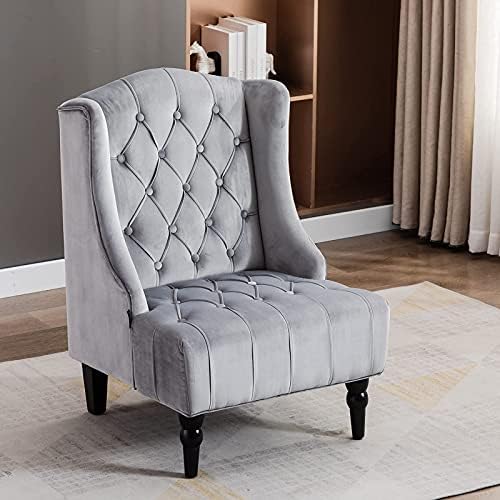 Artechworks Button-Tufted High-Back Club Chair, Living Room Accent Chair with Wooden Legs, Mid-Century Modern Armless Chair, Grey,Home Office