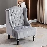 Artechworks Button-Tufted High-Back Club Chair, Living Room Accent Chair with Wooden Legs, Mid-Centu