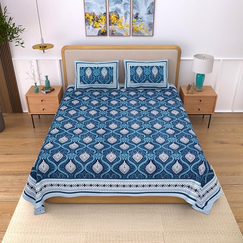 Image of India 100% Pure Cotton Jaipuri Printed Double Bedsheet with 2 Pillow Covers | Traditional Sanganeri Floral Design | Soft Breathable Fabric | King Size Bedsheet for Bedroom (Kaya41)