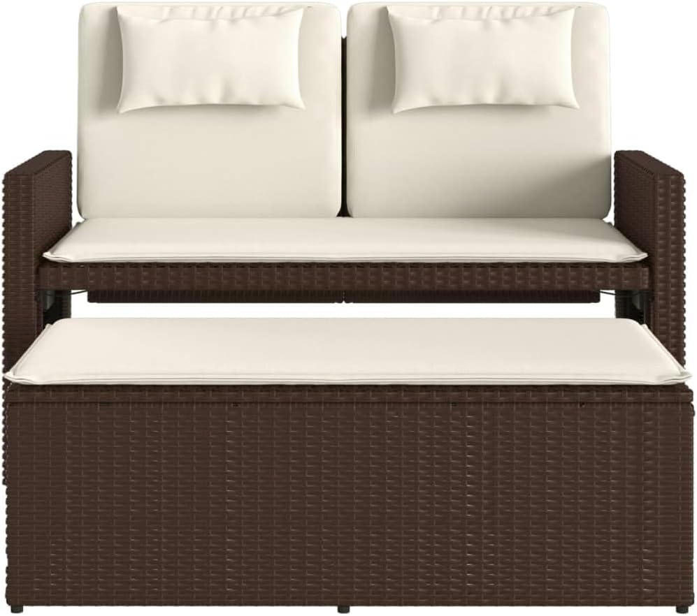 Garden Bench Brown, Cream White,Reclining Garden Bench with Adjustable Armrests & Luxurious Cushions Brown Poly Rattan Outdoor Seating for or Terrace Patio Furniture