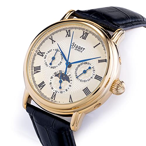 Stauer Magnificat Ii Automatic Watches For Men – Men Watches W/3 Interior Day, Date & 24-Hour Clock Dials – Mens Watches W/Stainless Case & Black Leather Band – Water Resistant Watch For Men #TOP1