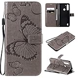 SATURCASE Schmetterling PU Lederhülle Magnetverschluss Brieftasche Kartenfächer Standfunktion Handschlaufe Handy Tasche Schutzhülle Hülle für Motorola Moto G8 Power Lite (BU-Grau)